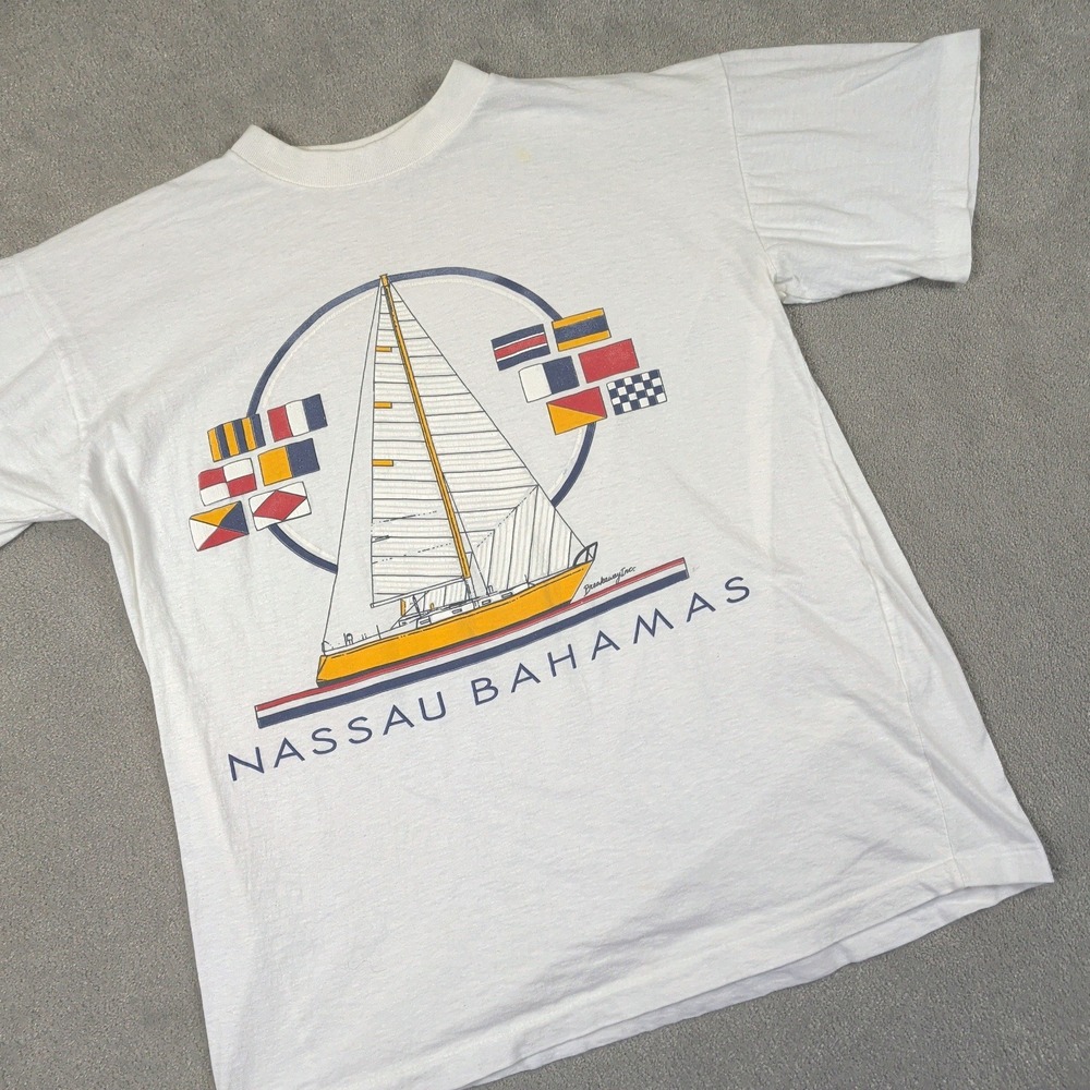 Windswept Nassau Bahamas T Shirt Size L Vintage Single Stitch Sailboat White